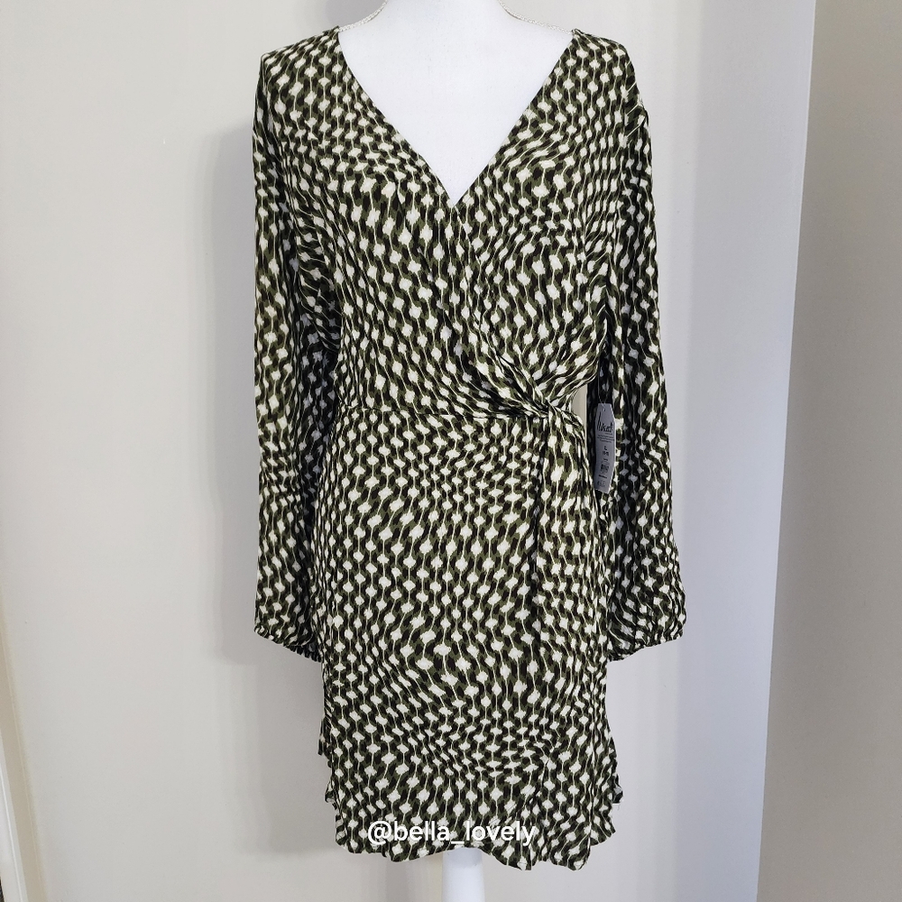 NWT! Elegant Olive Patterned Wrap Dress - Picture 3 of 9